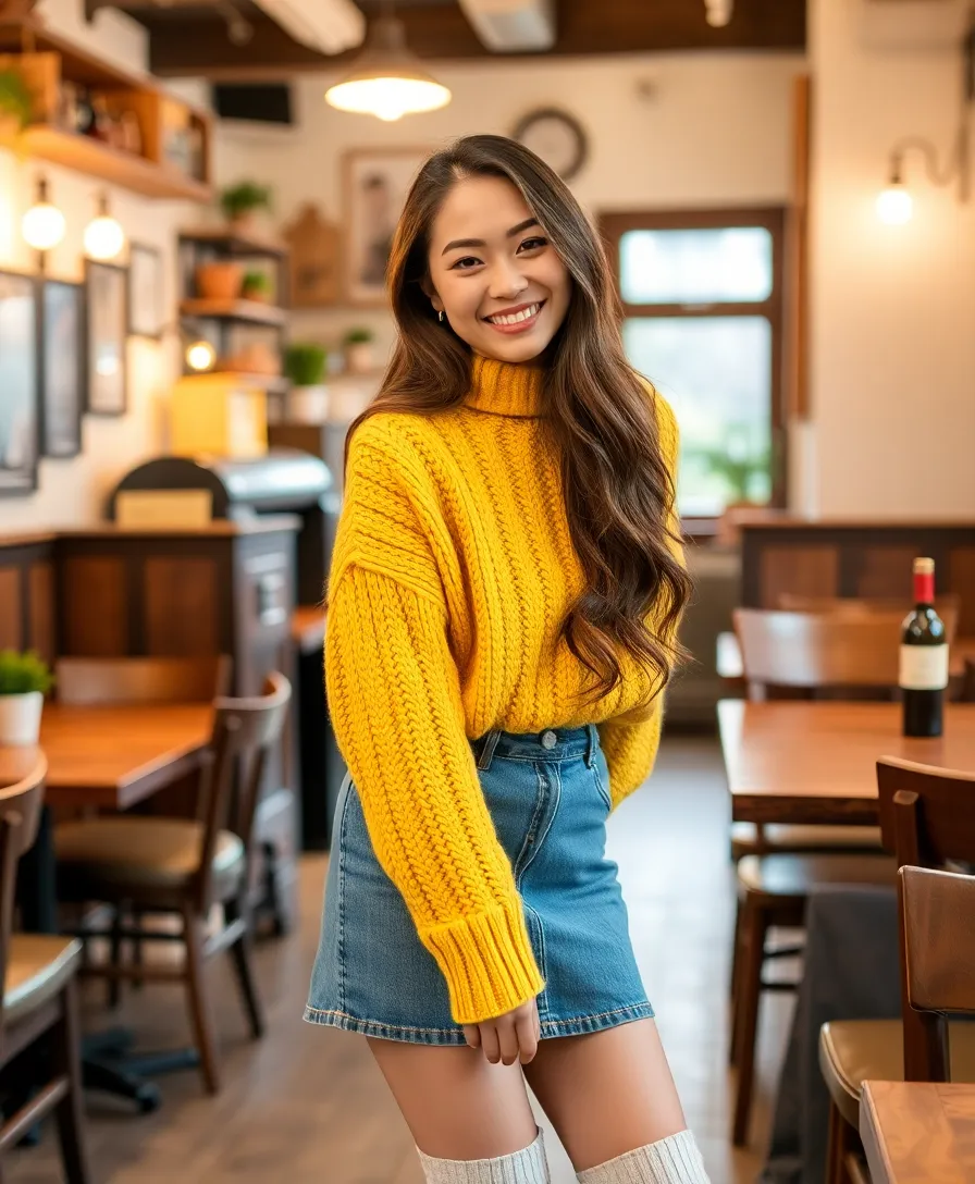 12 Effortless Casual Winter Outfits That'll Keep You Cozy and Chic! - 10. Sweater with a Denim Skirt and Knee-High Socks