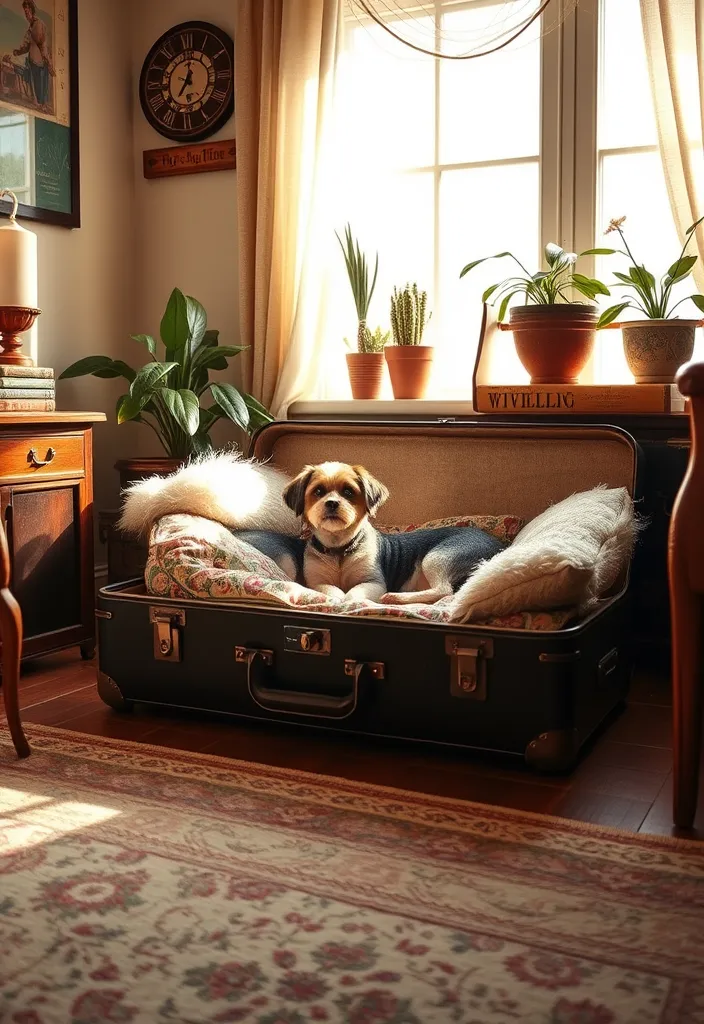 20 Incredible Upcycled Crafts You Won't Believe Are Made from Trash (#5 Is Pure Genius!) - 1. Vintage Suitcase Dog Bed