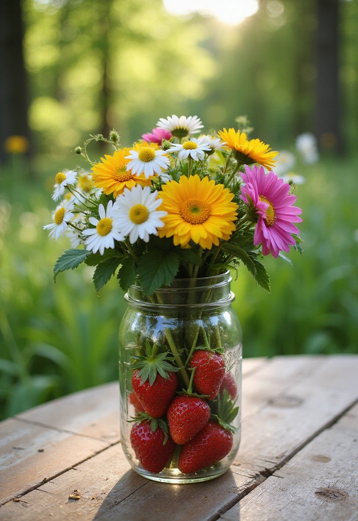 22 Spring-Inspired Strawberry Centerpieces That Bring Life to Your Table! - 1. Rustic Strawberry and Wildflower Arrangement