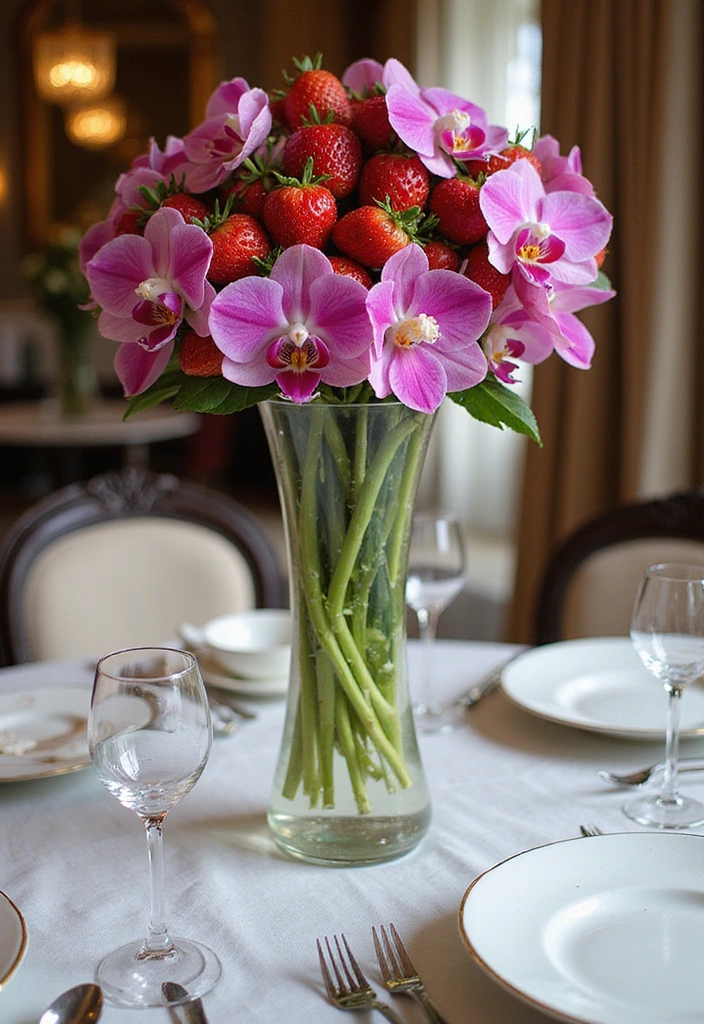 22 Spring-Inspired Strawberry Centerpieces That Bring Life to Your Table! - 10. Strawberry and Orchid Elegance