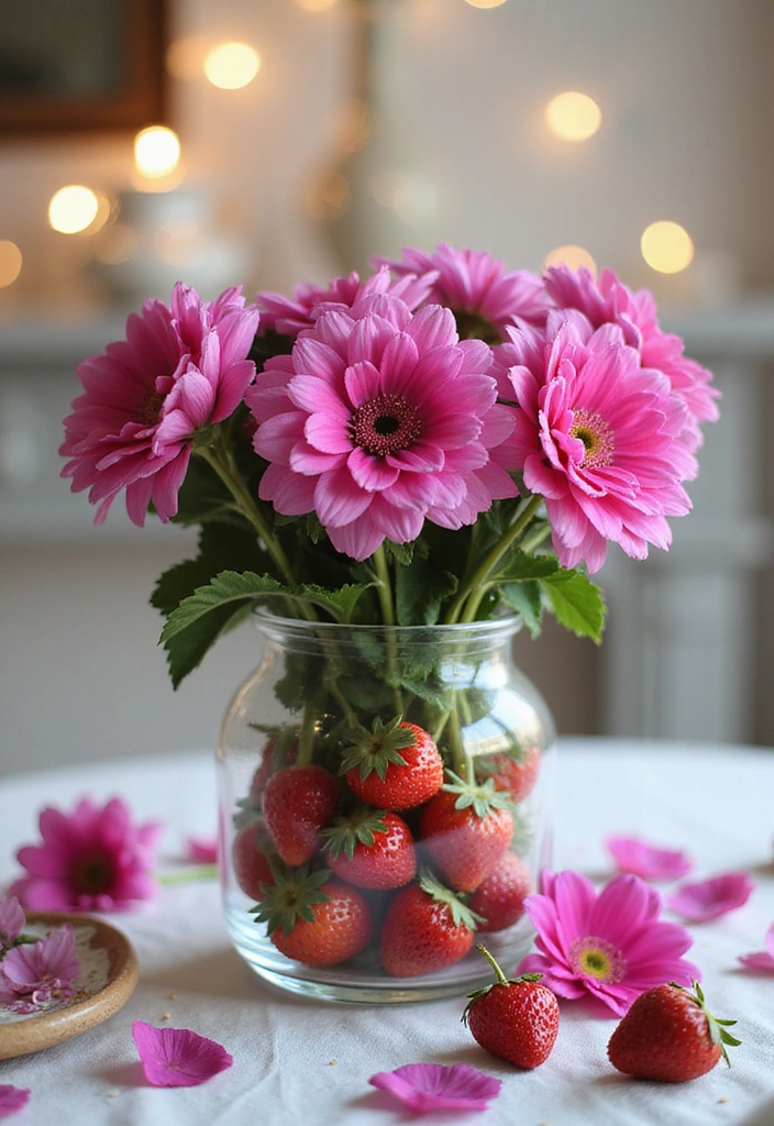22 Spring-Inspired Strawberry Centerpieces That Bring Life to Your Table! - 17. Strawberry and Fuchsia Floral Delight