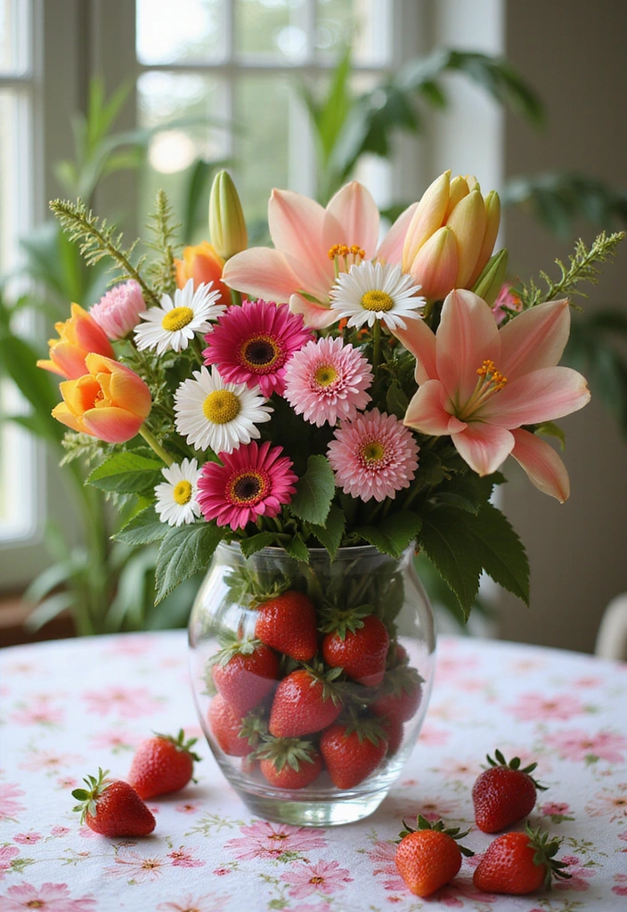 22 Spring-Inspired Strawberry Centerpieces That Bring Life to Your Table! - 21. Strawberry and Mixed Flower Arrangement
