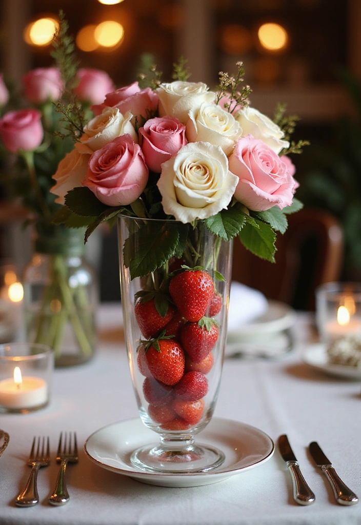 22 Spring-Inspired Strawberry Centerpieces That Bring Life to Your Table! - 2. Elegant Strawberry and Rose Centerpiece