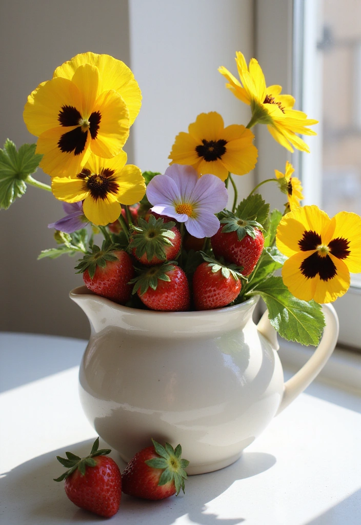 22 Spring-Inspired Strawberry Centerpieces That Bring Life to Your Table! - 12. Strawberry and Pansy Floral Arrangement